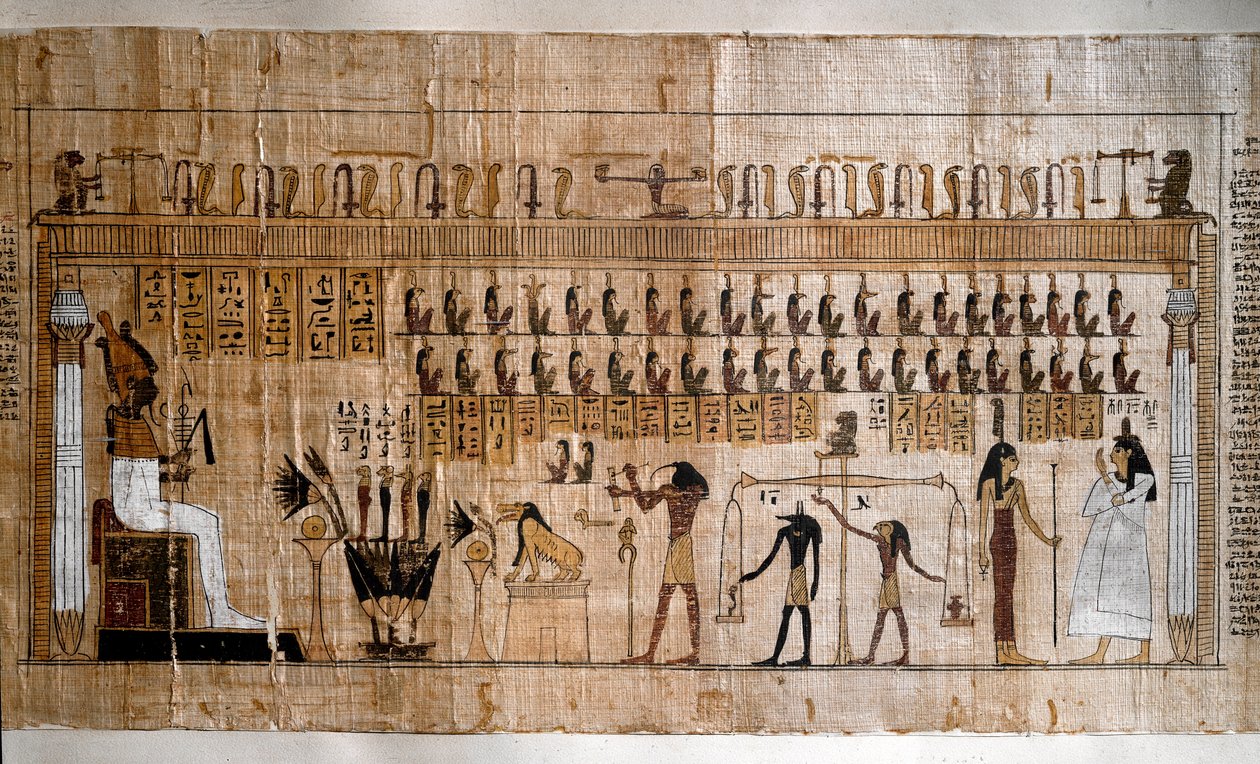 Egyptiläinen antiikin aika: sielujen punnitus (psykostaasi). Kuolleiden kirjan papyrus. Torino, Egyptiläinen museo - Muinainen Egypti: sielujen punnitus (psykostasia). Papyrus kuolleiden kirjasta. Egyptiläinen museo, Torino, Italia tekijältä Egyptian Egyptian