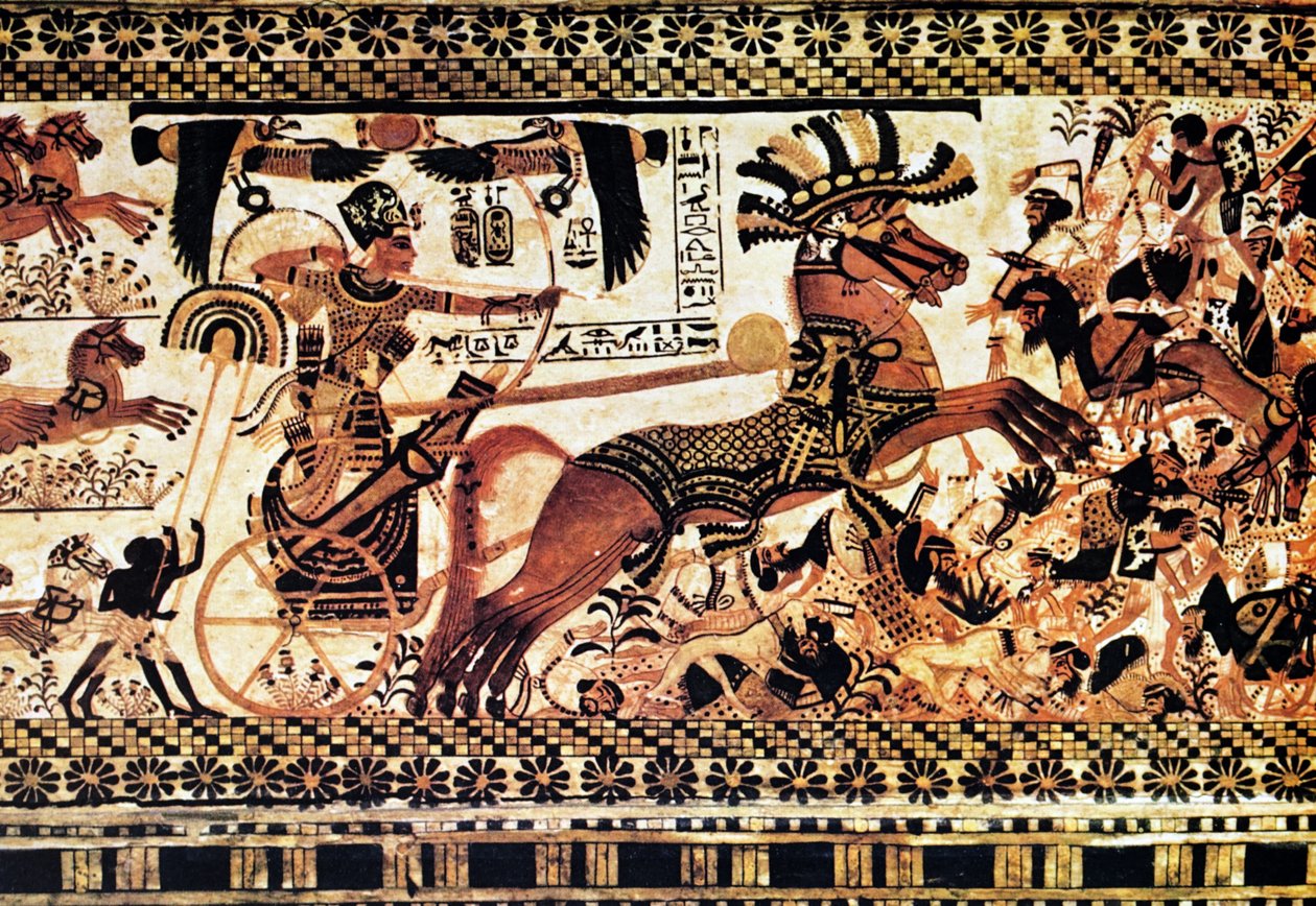 Egyptiläinen haudan seinämaalaus, joka kuvaa taistelukohtausta. tekijältä Egyptian Egyptian