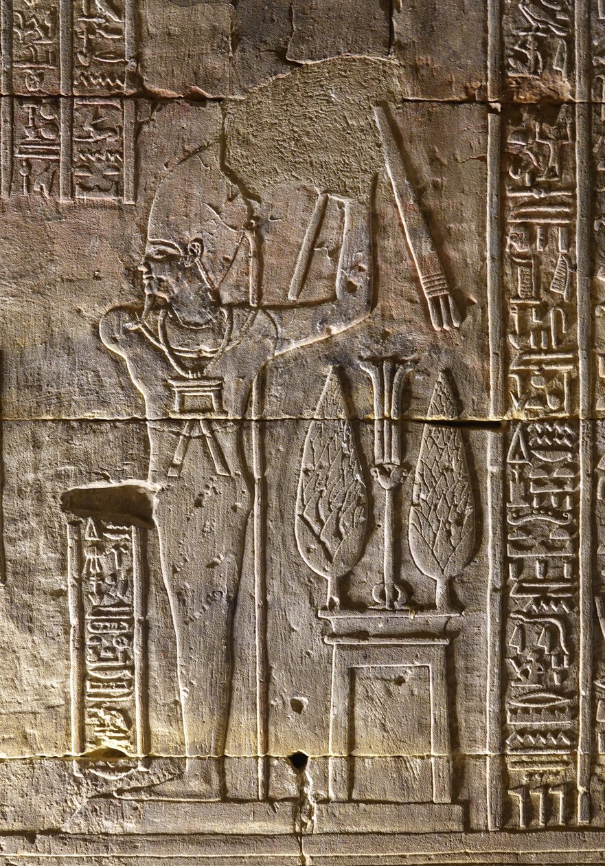 Faarao ja hänen attribuuttinsa, Horuksen temppeli Edfussa. tekijältä Egyptian Egyptian