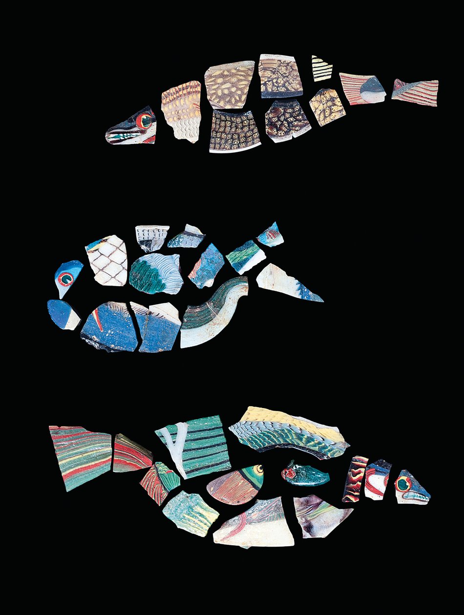 Kolme mosaiikkifragmentoitua kalauotetta, Ptolemaios-roomalainen ajanjakso, noin 1. vuosisadalla eKr. - 1. vuosisadalla jKr. (lasi) tekijältä Egyptian Egyptian