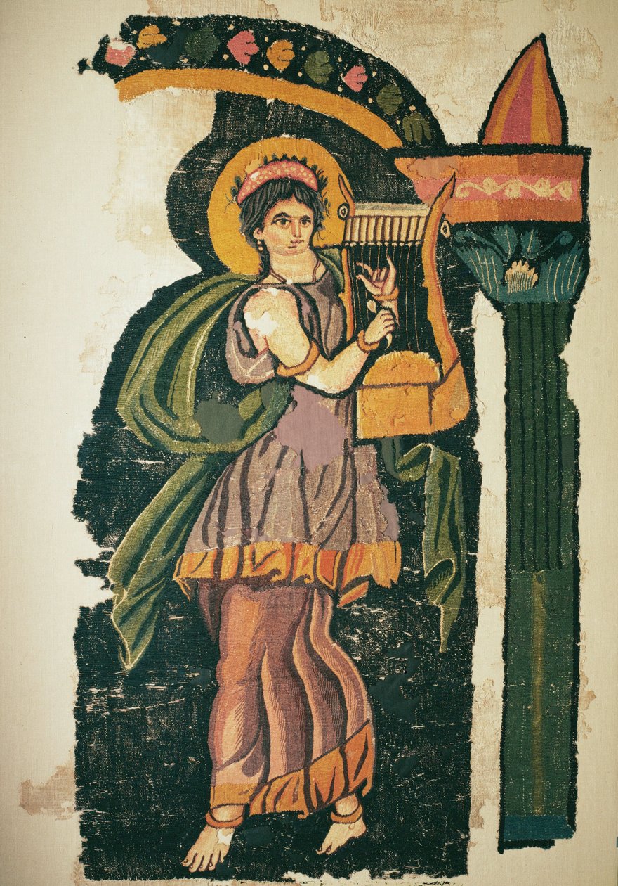 Nainen soittaa lyyraa, 5.-6. vuosisata (kudottua villaa) tekijältä Egyptian Egyptian