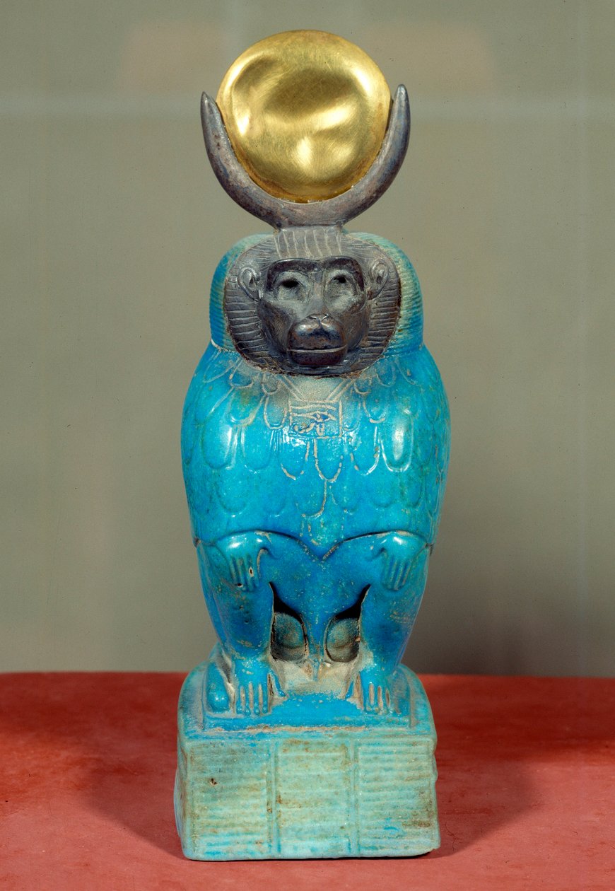 Muinainen egyptiläinen taide: Thot-jumalan patsas paviaanissa. Ptolemaioksen aika (332-30 eKr.). Hopea (metalli), fajanssi, kulta, veistos. Hermopoliksesta Egyptistä. Korkeus: 0,150 m. tekijältä Egyptian Ptolemaic Period