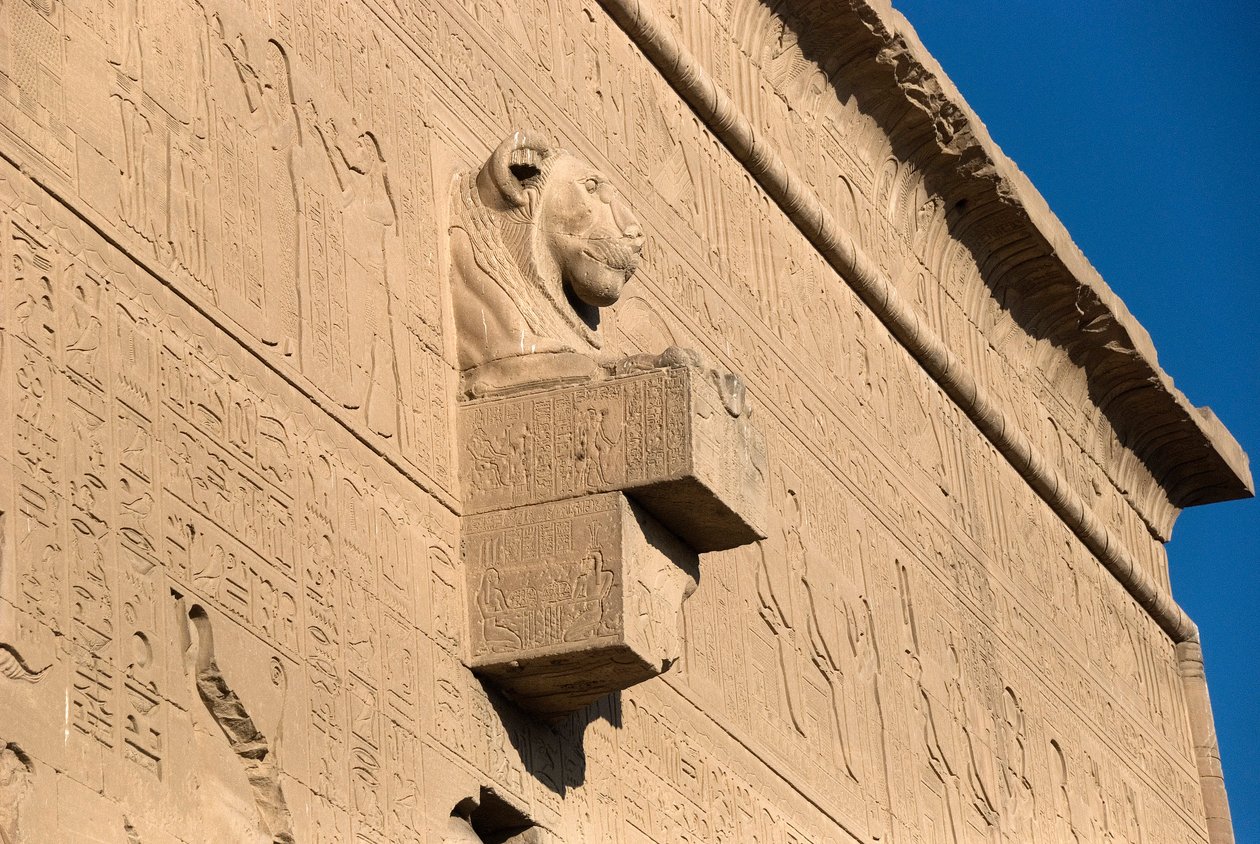 Egyptiläinen antiikki: leijonapäinen gargoyle, Hathorin temppeli, Dendera, Egypti tekijältä Egyptian Ptolemaic Period