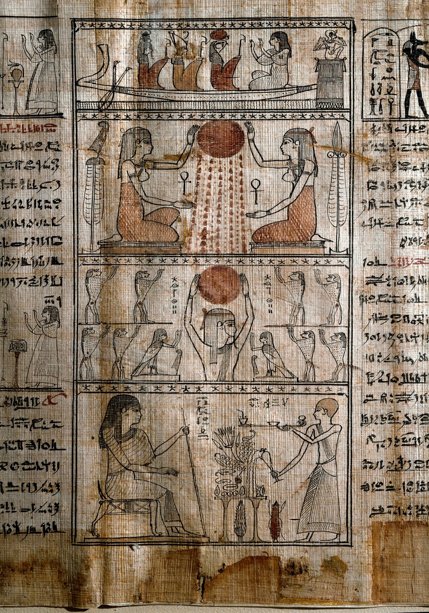 Egyptin antiikki: aurinkosymboliikka. Kuolleiden kirjan papyrus. Ptolemaioksen aikakausi. Torino, Egyptiläinen museo - Muinainen Egypti: auringon elämää antava voima. Papyrus kuolleiden kirjasta. Ptolemaioksen aikakausi. Egyptiläinen museo, Torino, Italia tekijältä Egyptian Ptolemaic Period