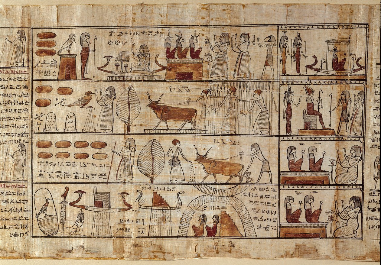 Egyptiläinen antiikki: Elysées-pellot. Maalaus papyrukselle Kuolleiden kirjasta. Ptolemaioskauden Torino, Egyptiläinen museo - Muinainen Egypti: Elysian kentät. Maalaus papyrukselle Kuolleiden kirjasta. Ptolemaioksen kausi. Egyptiläinen museo, Torino, It tekijältä Egyptian Ptolemaic Period