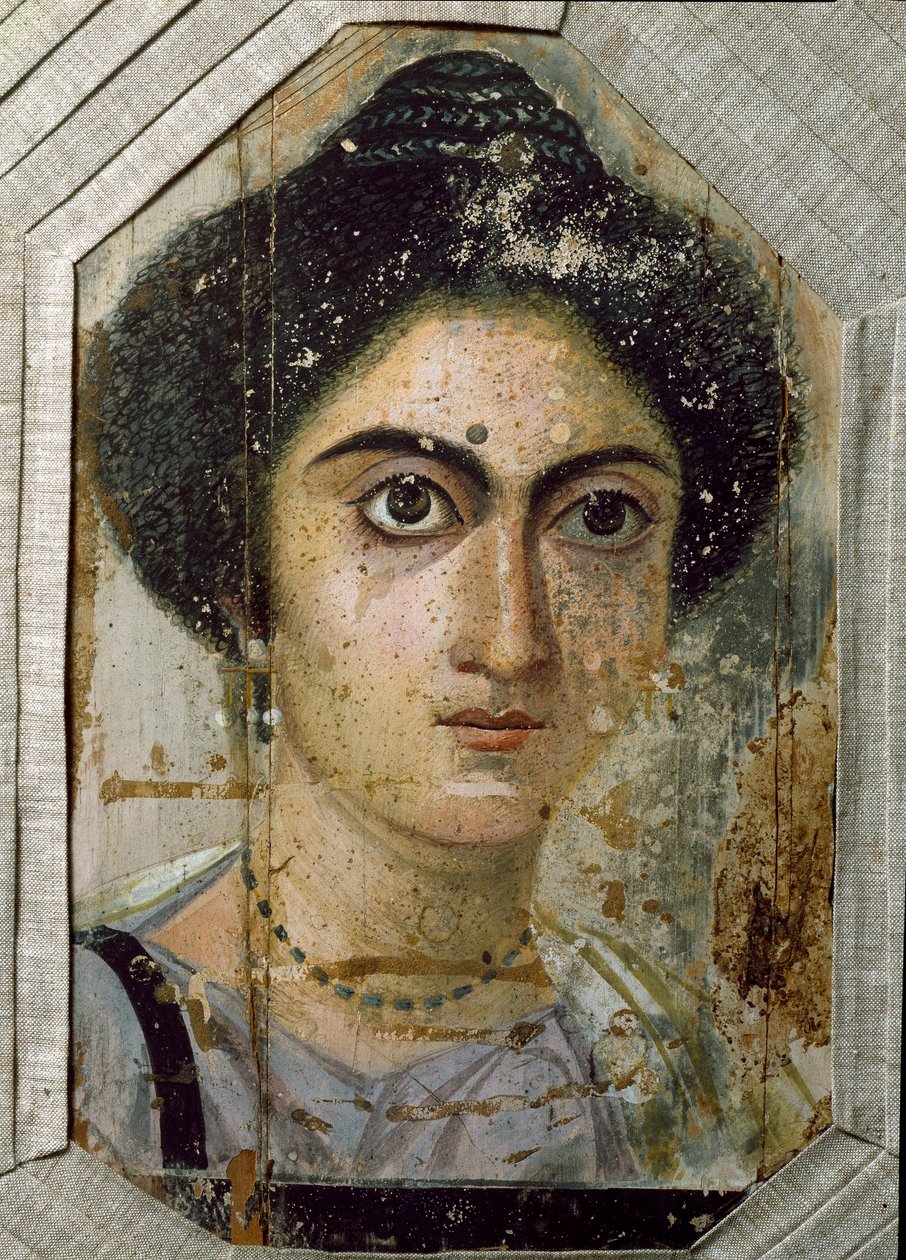 Egyptin antiikki: naisen hautajaismuotokuva. Maalaus puulle. 2. vuosisadan loppu. Fayumista (Fayum) Egyptistä. Firenze, museo archeologico tekijältä Egyptian School