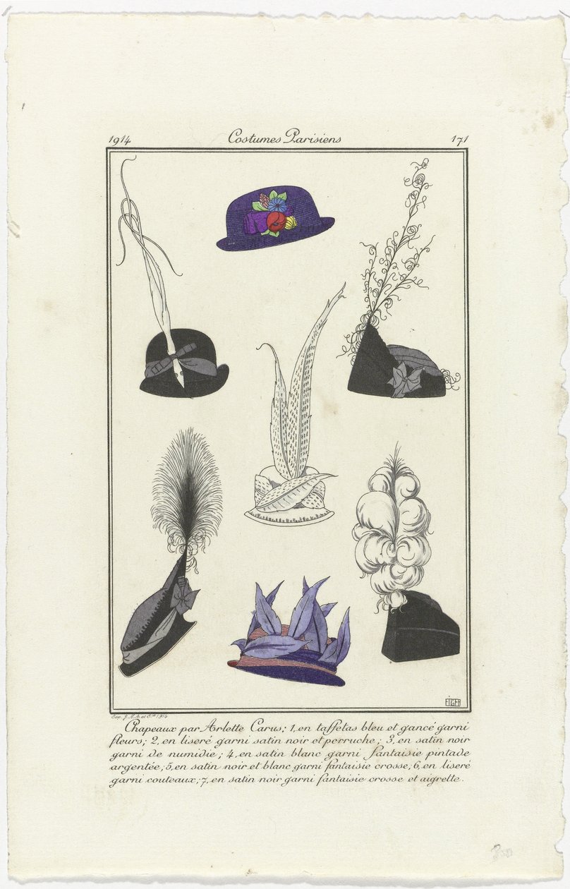 Lisätarvikkeet Journal des Dames et des Modes, Costumes Parisiens, 1914, nro 171: Arlettin hatut (...) tekijältä Eiger