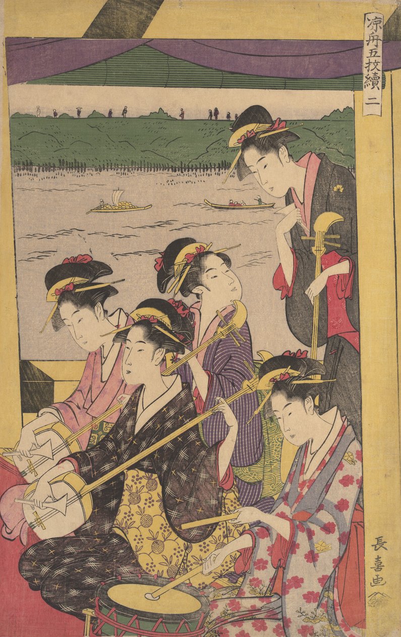 Geishajuhlat Suzumi-bunessa eli viilennysveneessä. Toinen kohtaus veneestä..., n. 1796. tekijältä Eishōsai Chōki