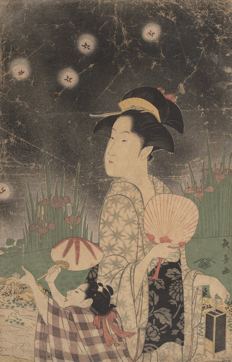 Nainen ja lapsi pyydystävät tulikärpäsiä, n. 1793. tekijältä Eishōsai Chōki