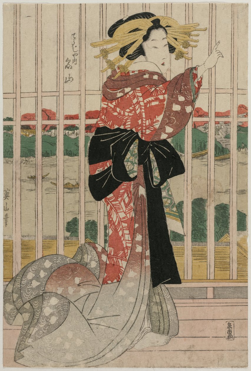 Chojiyan kurtisaani Meizan parvekkeella, josta on näkymät Sumida-joelle, noin 1820-luvun alussa tai puolivälissä. tekijältä Kikugawa Eizan