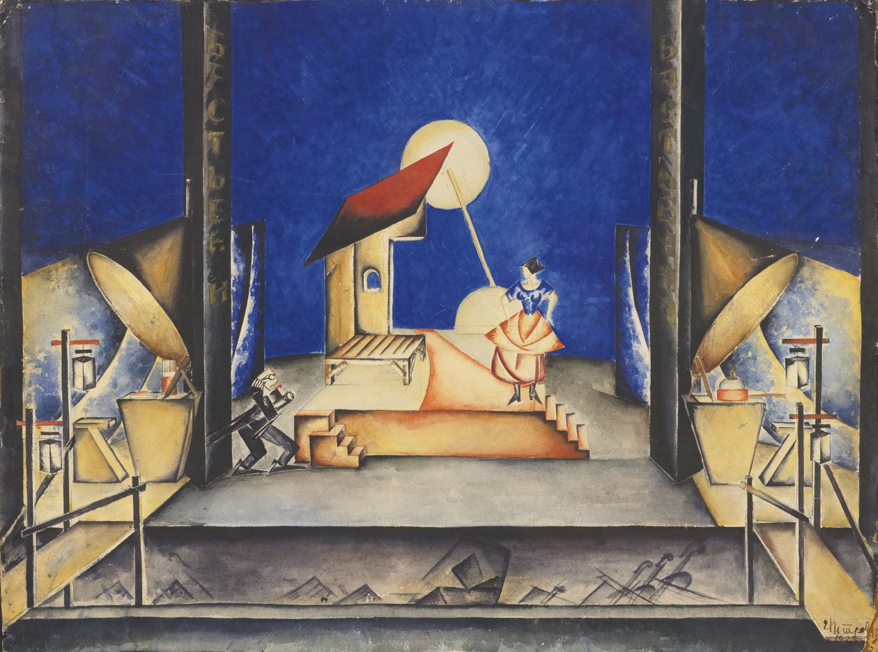 Lavasuunnittelu W. A. Mozartin Opera Bastien und Bastienne -teatteriin, 1925 tekijältä Ekaterina Petrova Troitskaya