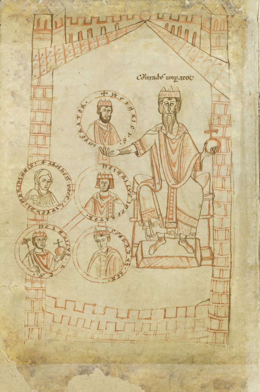 Salian-dynastian sukupuu: Konrad II, Henrik III, Henrik IV, hänen vaimonsa Eupraxia Kiovalainen, Henrik V, 1100-luku tekijältä Ekkehard of Aura