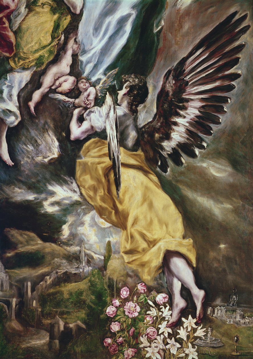Immaculate Concept (yksityiskohta enkelistä, kukista, Marian ominaisuuksista ja Toledosta) 1607-13 (katso myös 90015) tekijältä El Greco