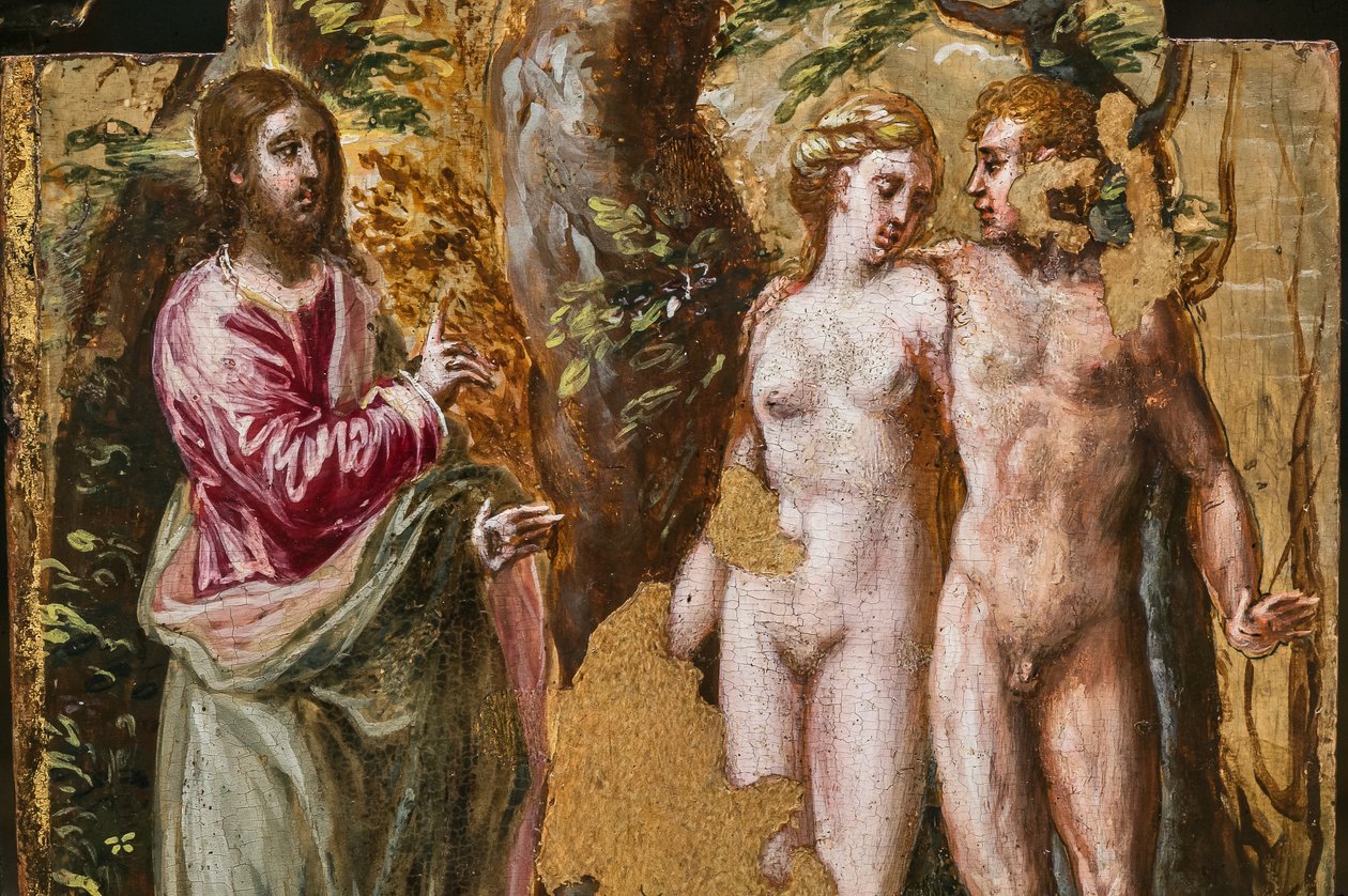 Kannettava alttarin takapuoli: Adm ja Eeva kasvot ikuista Isää, yksityiskohta numerosta 2384587 (tempera grassa paneelissa) tekijältä El Greco