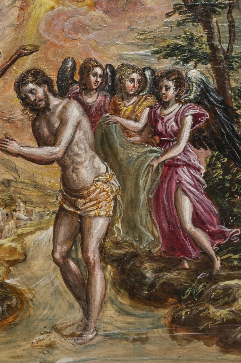 Kannettava alttari: yksityiskohta oikeanpuoleisesta ovipaneelista, joka kuvaa Kristuksen kastetta (tempera grassa paneelissa) tekijältä El Greco