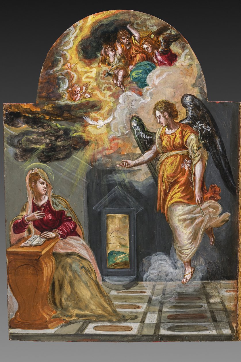 Kannettava alttari, vasen ovipaneeli takapuolella: Ilmoitus, yksityiskohta numerosta 2384587 (tempera grassa paneelissa) tekijältä El Greco