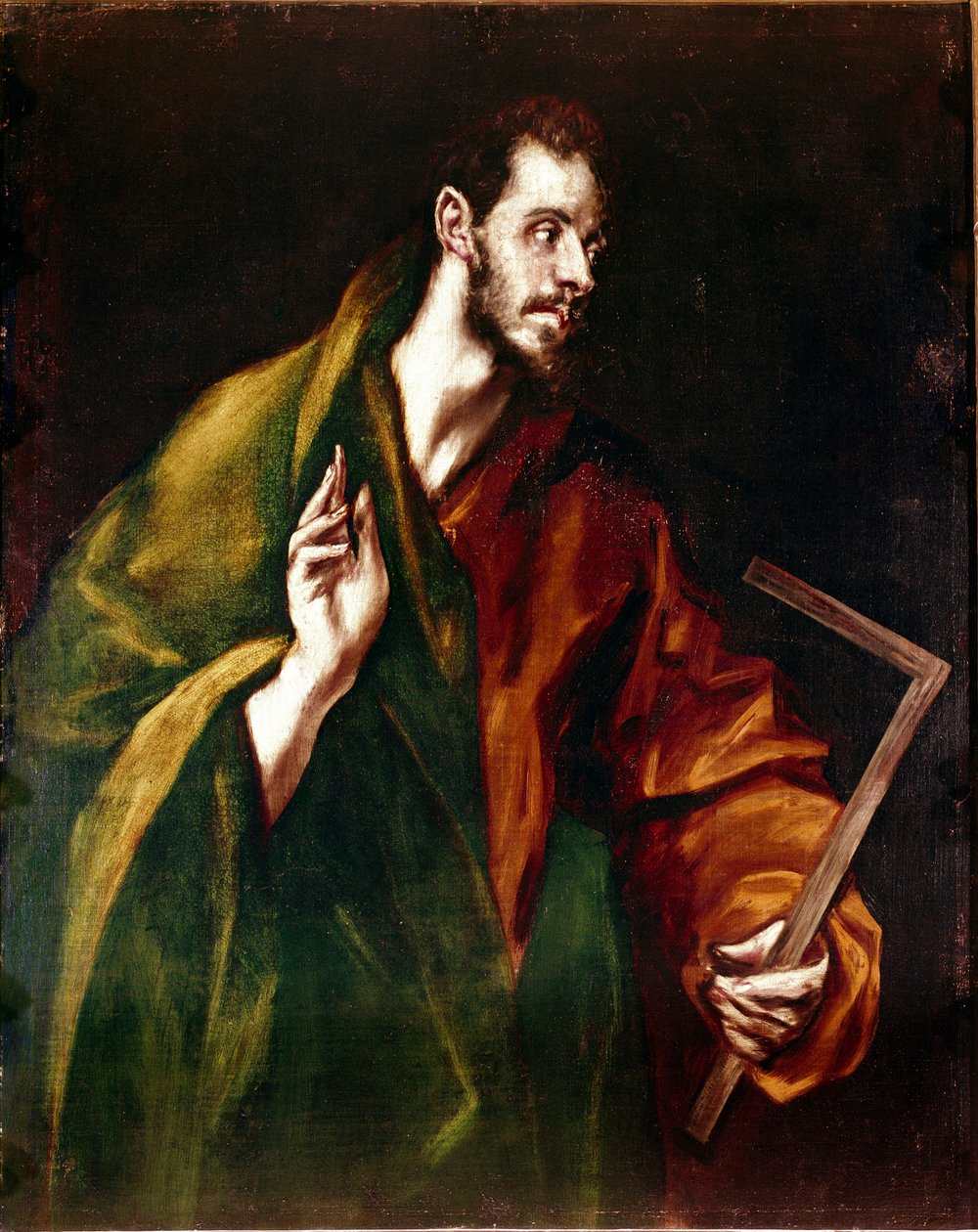 Toledon katedraalin apostolaatti: Apotre Saint Thomas. Domenikos Theotokopoulos dit El Grecon maalaus (1540-1614) tekijältä El Greco