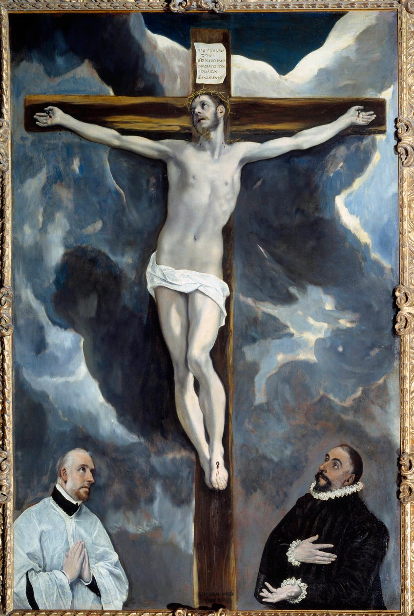 Molempien lahjoittajien Kristus ristillä palvoo Theotokopoulos Domenico dit El Grecon maalaus (1541-1614) 1576 Su. 2,6x1,71 m tekijältä El Greco