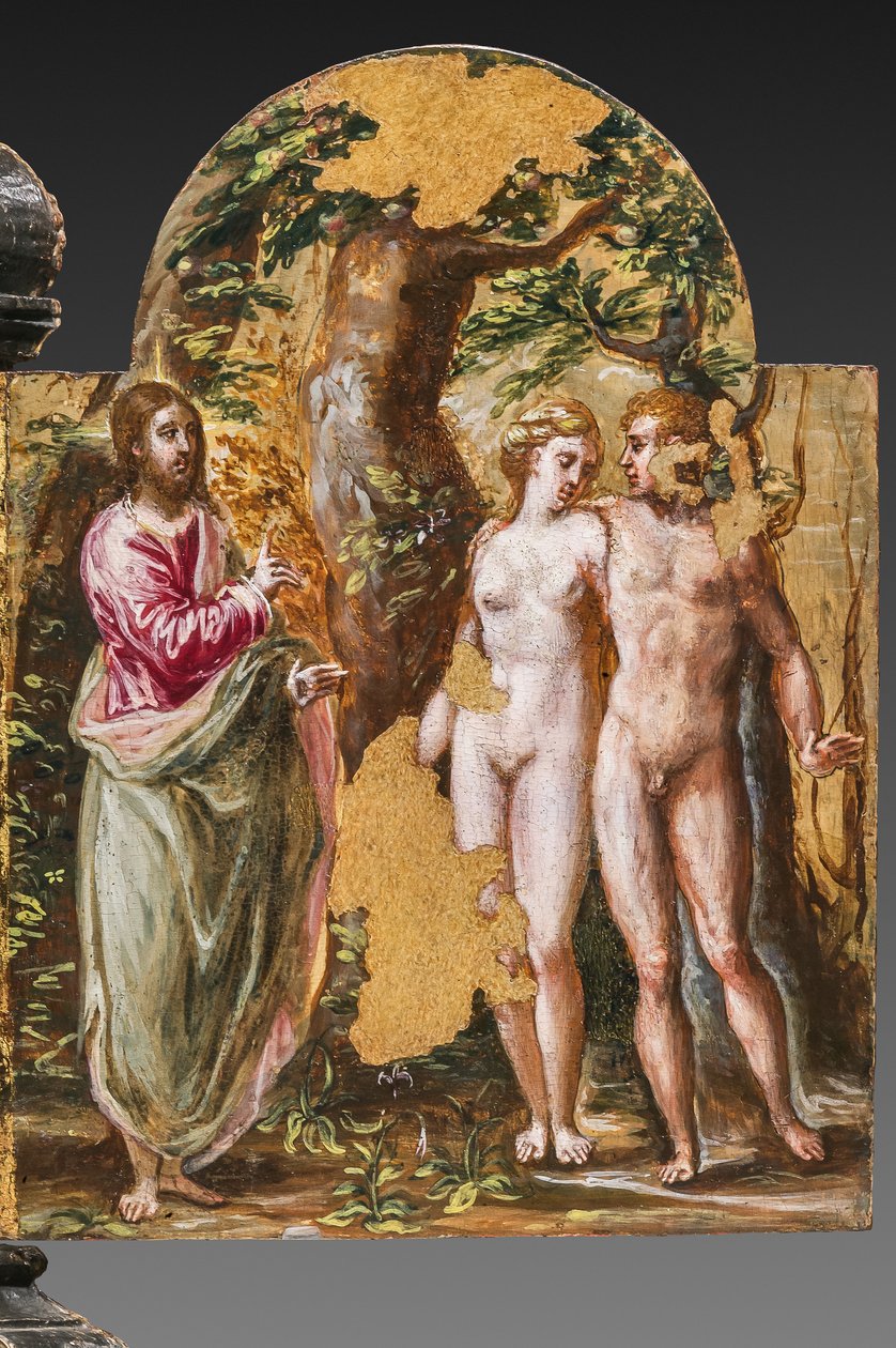 Kannettava alttarin takapuoli: Aadam ja Eeva kasvot ikuista Isää, yksityiskohta numerosta 2384587 (tempera grassa paneelissa) tekijältä El Greco