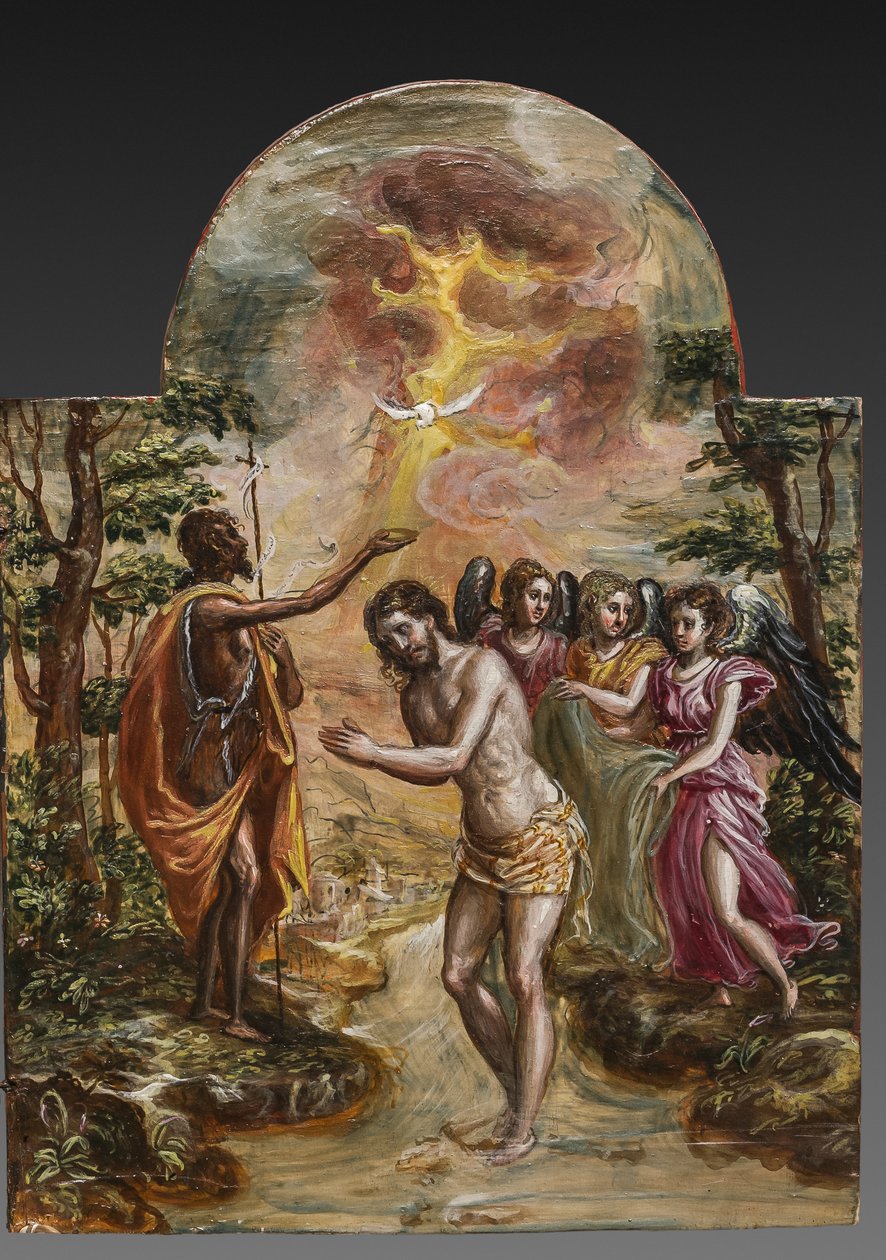 Kannettava alttari: oikeanpuoleinen ovipaneeli, joka kuvaa Kristuksen kastetta, yksityiskohta numerosta 2384586 (paneelissa tempera grassa) tekijältä El Greco