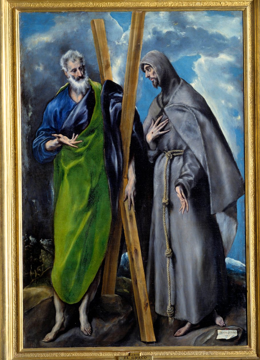 Pyhän Andrean ja pyhän Francois Assisilaisen muotokuva. Domenikos Theotokopoulos dit El Grecon maalaus (1541-1614). Öljy kankaalle. Mitat: 1,67 x 1,13 m. Madrid, Musee Du Prado tekijältä El Greco