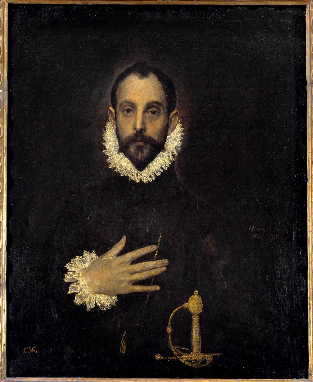 Muotokuva herrasmiehestä käsi rinnassa Domenikos Theotokopoulos dit El Grecon (1540-1614) maalaus. 1577 Su. 0,81 x 0,66 m Madrid Musee du Prado tekijältä El Greco