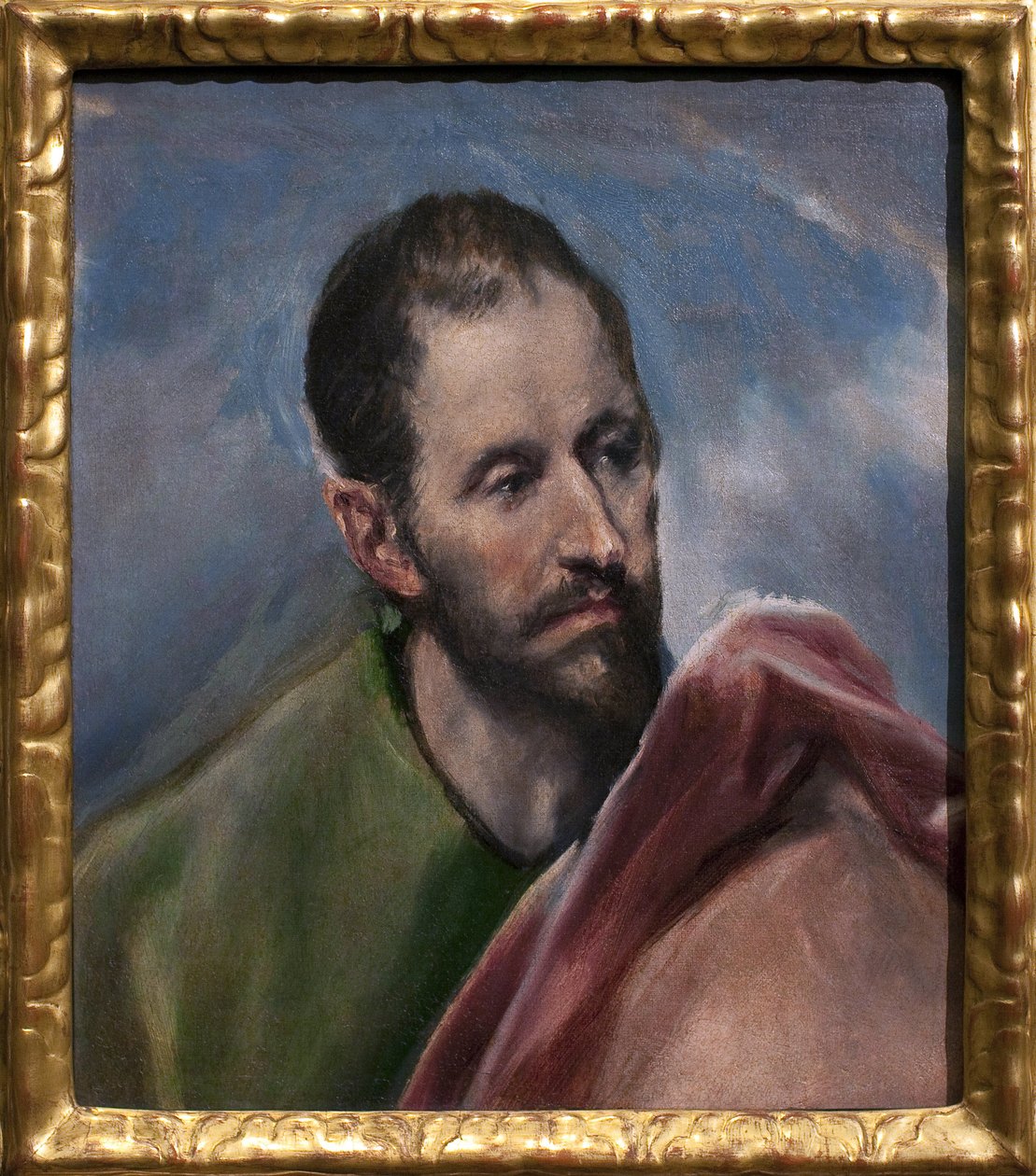 Tutkimus miehen päähän. Pyhä Jaakob Pieni (Jakob Alfeesta, Jeesuksen apostoli). Domenikos Theokopoulos dit El Grecon (1541-1614) maalaus, öljy kankaalle, noin 1580-1585. espanjalainen taide tekijältä El Greco
