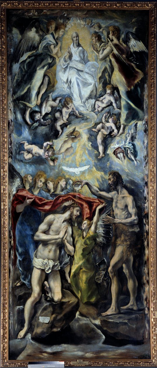 Kristuksen kaste Domenikos Theotokopoulos dit El Grecon maalaus (1541-1614) 1596 su. 3,5x1,44 m Madrid, Prado-museo tekijältä El Greco