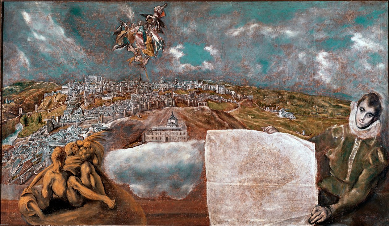 Näkymä Toledon kaupungista (Toledo) Espanjassa ja tasosta alla oikealla Domenikos Theotokopoulos dit El Grecon maalaus (1541-1614) 1608-1614 su. 132x228 cm Toledon kreikkalainen museo tekijältä El Greco