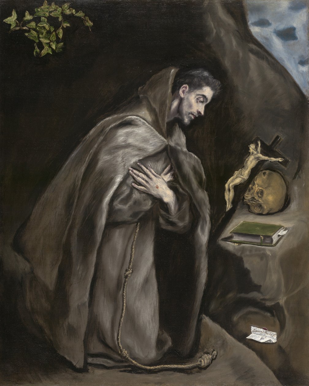 Pyhä Franciscus polvistui meditaatiossa, 1595-1600 tekijältä El Greco