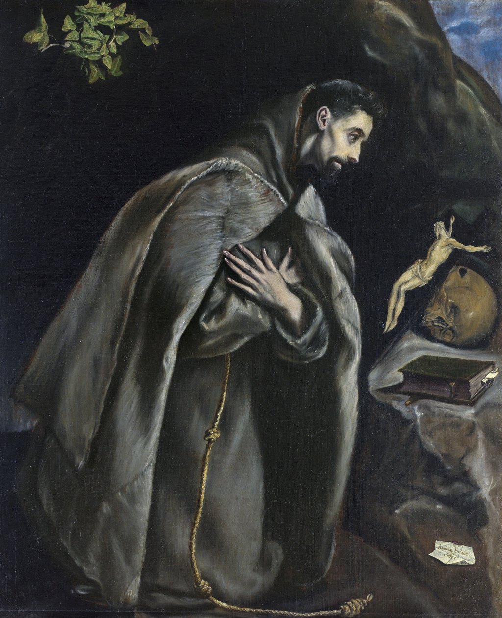 Pyhä Franciscus rukouksessa ennen krusifiksiä tekijältä El Greco