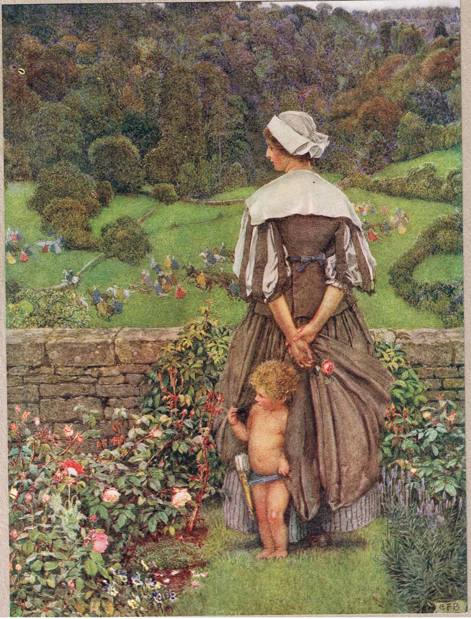 Sävy ja huuto Cupidin jälkeen, kuvitus teoksesta "The Book of Old English Songs and Ballads", julkaisija Hodder ja Stoughton, n. 1910 (värilitho) tekijältä Eleanor Fortescue Brickdale