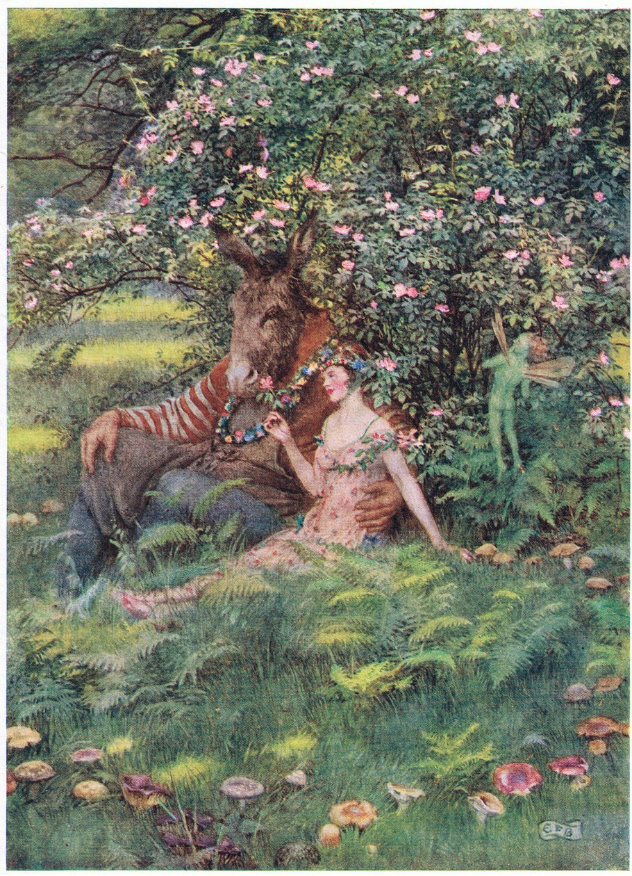 Bottom ja Titania: "Tule istumaan tälle kukkaistuimelle" (litho) tekijältä Eleanor Fortescue Brickdale