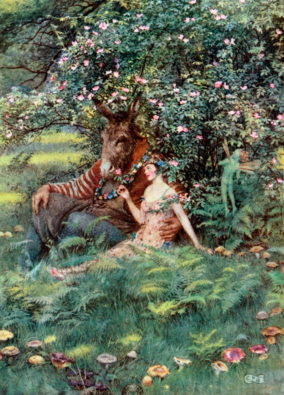 Bottom ja Titania. Shakespeare. Juhannusyön uni (värilitografia). tekijältä Eleanor Fortescue-Brickdale