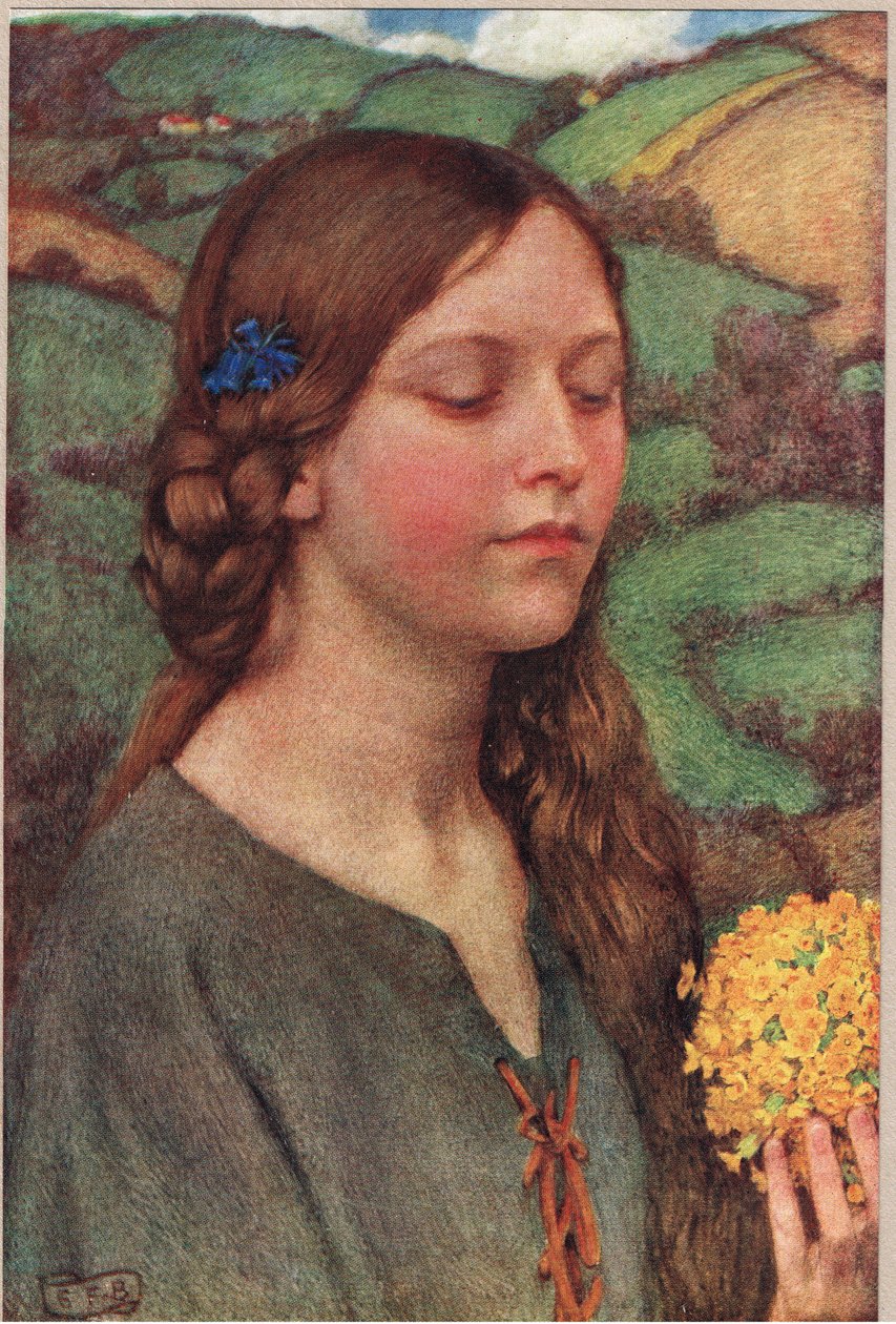 Kukkakimppu, kuvitus teoksesta "The Book of Old English Songs and Ballads", julkaisija Hodder ja Stoughton, n. 1910 (värilitho) tekijältä Eleanor Fortescue Brickdale