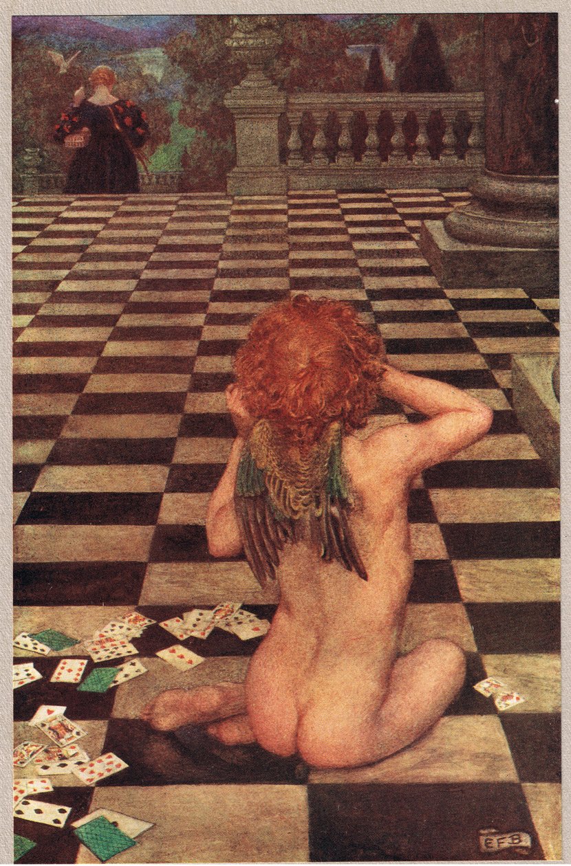 Cupid ja Campaspe, kuvitus teoksesta "The Book of Old English Songs and Ballads", julkaisija Hodder ja Stoughton, n. 1910 (värilitho) tekijältä Eleanor Fortescue Brickdale