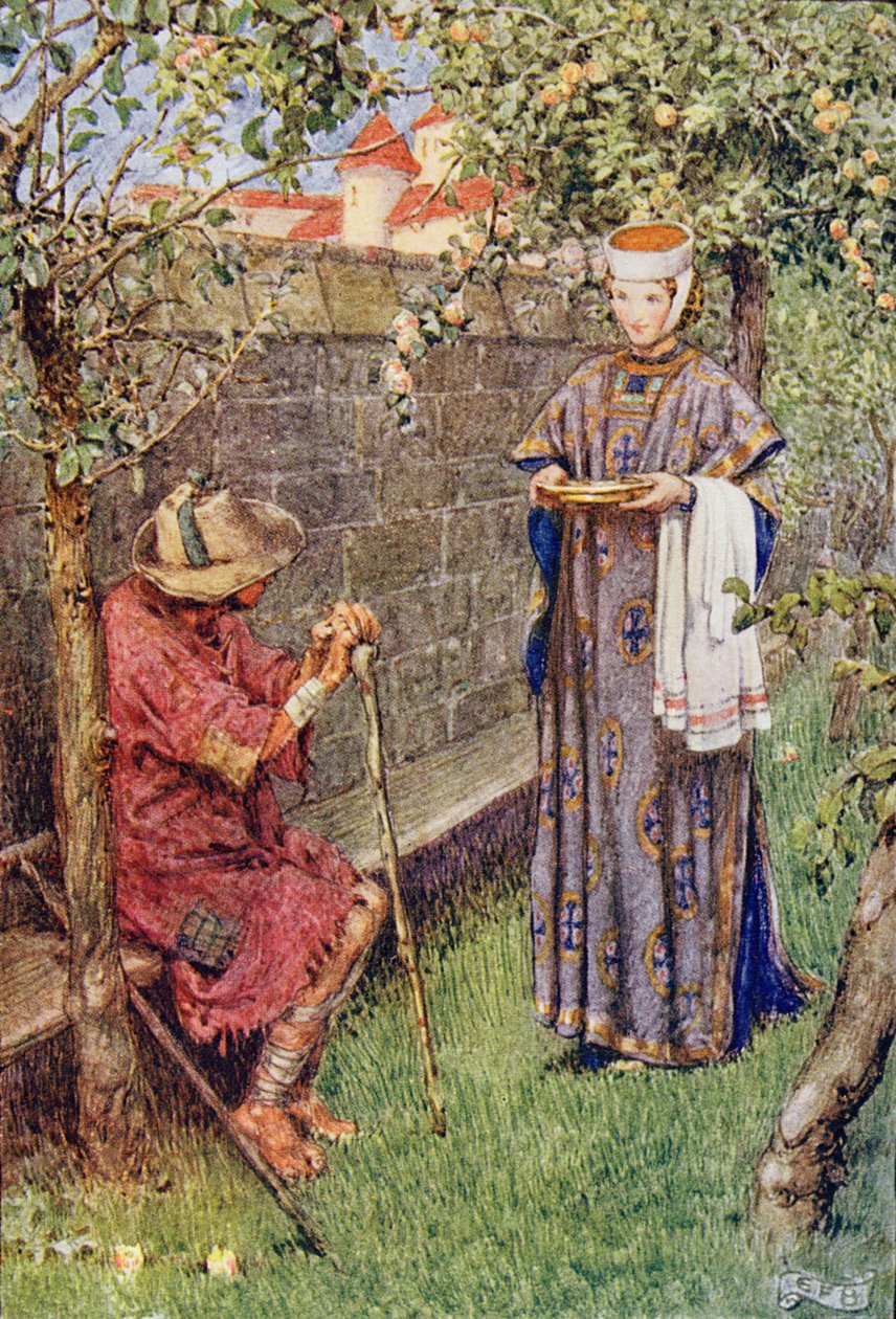 Elizabeth jatkoi säälitehtäväänsä William Cantonin (1845-26) 1921 (värilitho) teoksesta "The Story of Saint Elizabeth of Hungary" tekijältä Eleanor Fortescue Brickdale