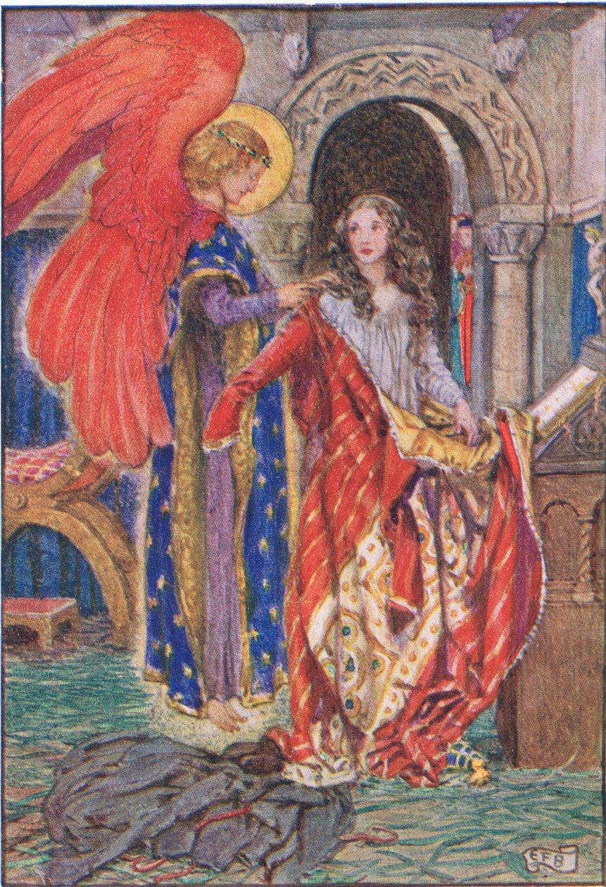 Elizabeth...rukoili Jumalaa pukeutumaan hänet William Cantonin (1845-26) 1921 (värilitho) teoksesta "The Story of Saint Elizabeth of Hungary" tekijältä Eleanor Fortescue Brickdale
