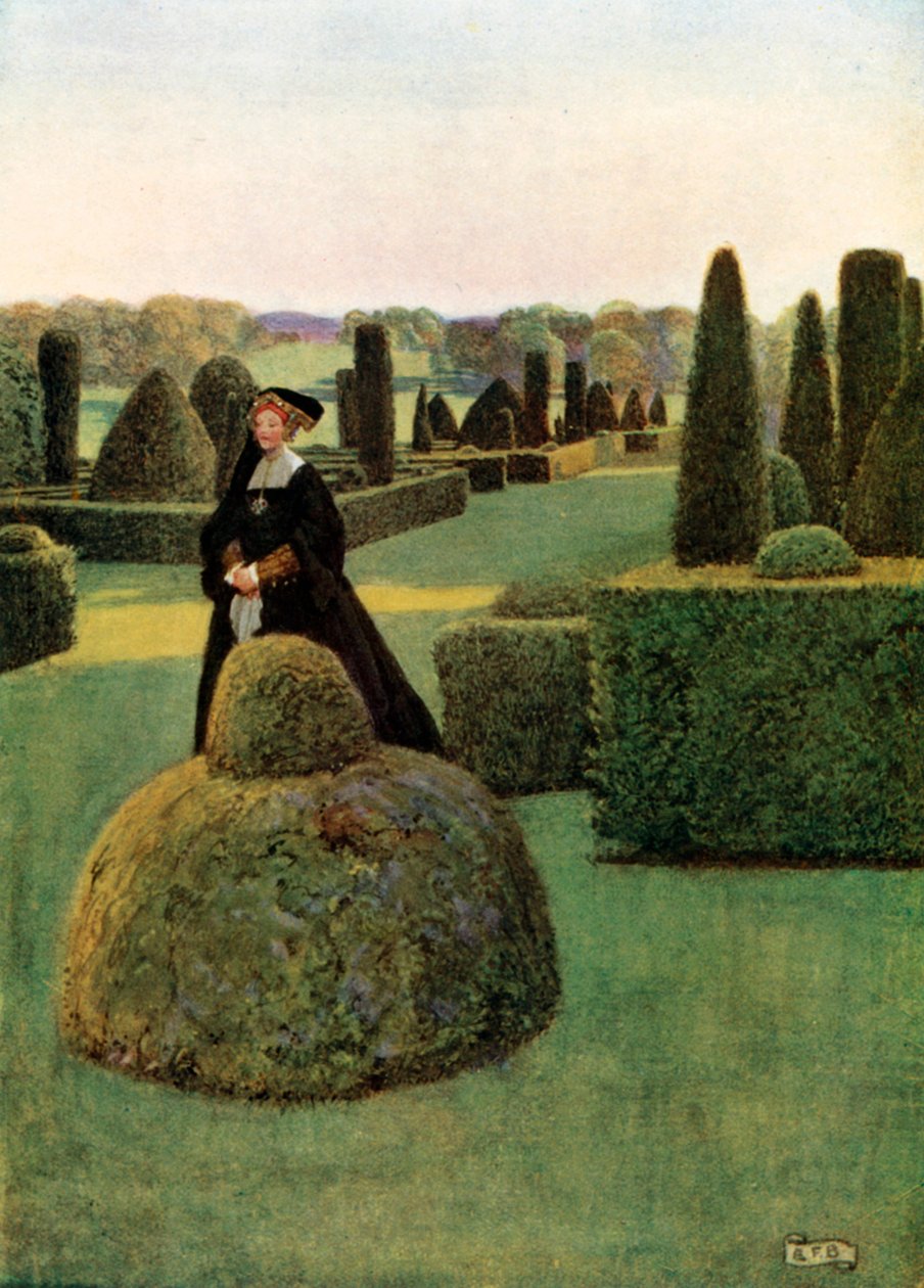 Reilu Rosamond. Thomas Delone. Fair Rosamond (värilitografia). tekijältä Eleanor Fortescue-Brickdale
