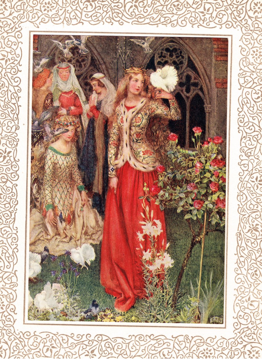 Guinevere ja hänen naisensa kultaisina päivinä, kuvitus Alfred Tennysonin (1809-92) julkaisusta "Idylls of the King", julkaisija Hodder & Stoughton tekijältä Eleanor Fortescue Brickdale