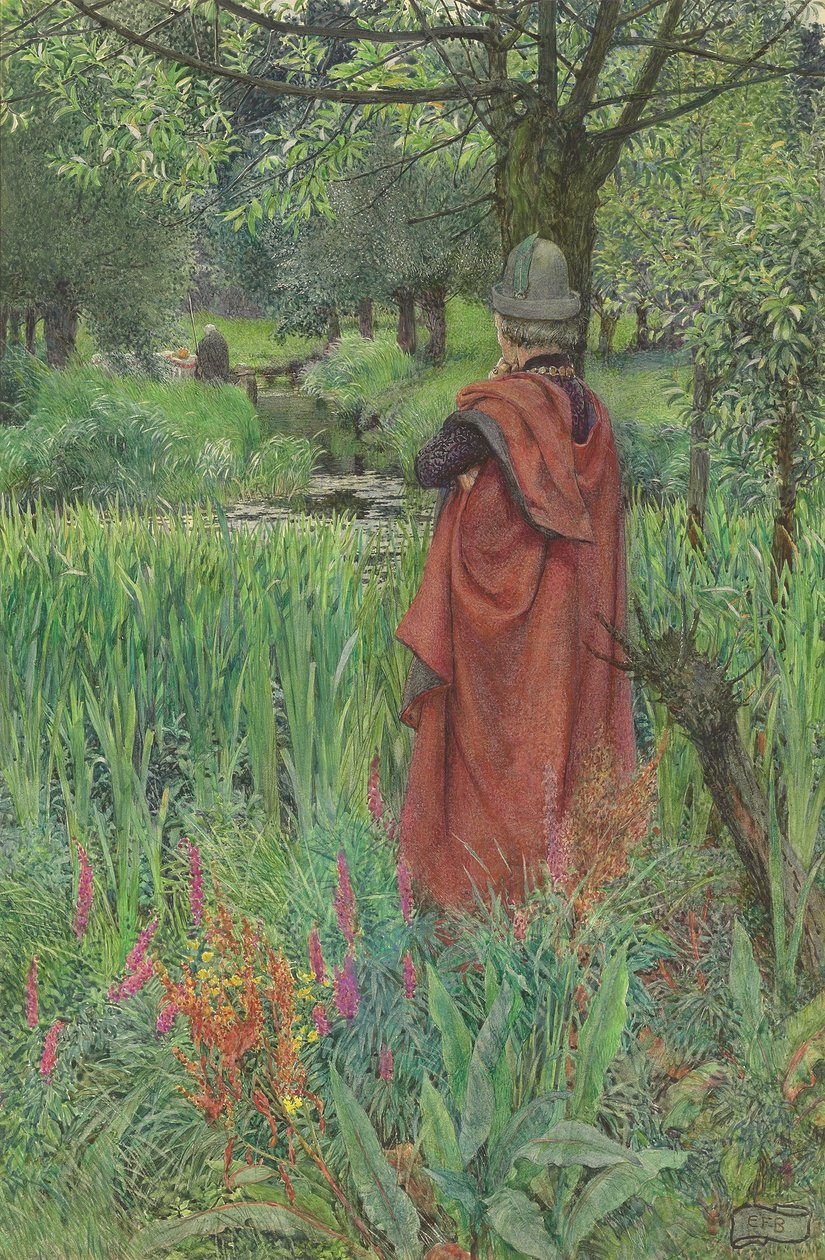 Lancelot ja Elaine: Hyvästi, kaunis lilja (lyijykynä ja vesiväri, vartalovärillä korostettu ja raaputettu paperille) tekijältä Eleanor Fortescue Brickdale