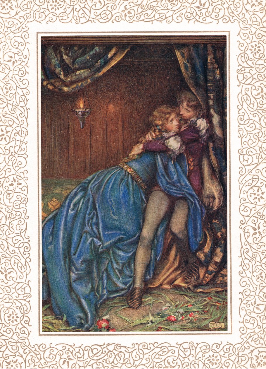 Lancelot ja Guinevere yhdessä, kuvitus Alfred Tennysonin (1809-92) teoksesta "Idylls of the King", julkaisija Hodder & Stoughton tekijältä Eleanor Fortescue Brickdale