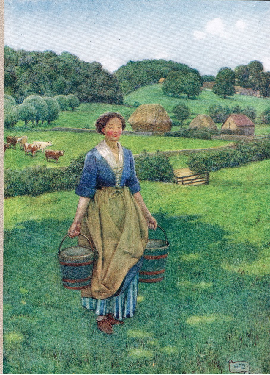 Milkmaid, kuvitus teoksesta "The Book of Old English Songs and Ballads", julkaisija Hodder ja Stoughton, n. 1910 (värilitho) tekijältä Eleanor Fortescue Brickdale