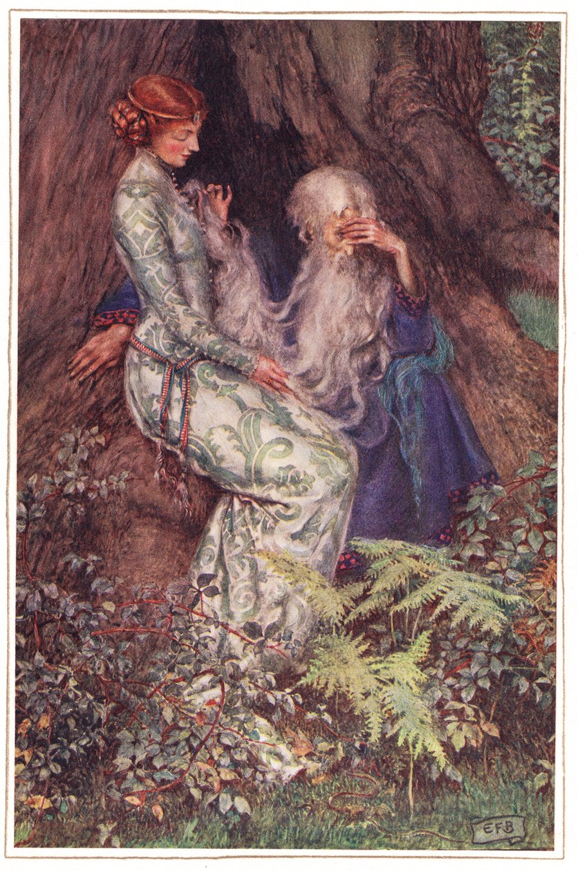 Oi mestari, rakastatko lempeää riimiäni?, kuvitus Alfred Tennysonin (1809-92) julkaisusta "Idylls of the King", julkaisija Hodder & Stoughton tekijältä Eleanor Fortescue Brickdale