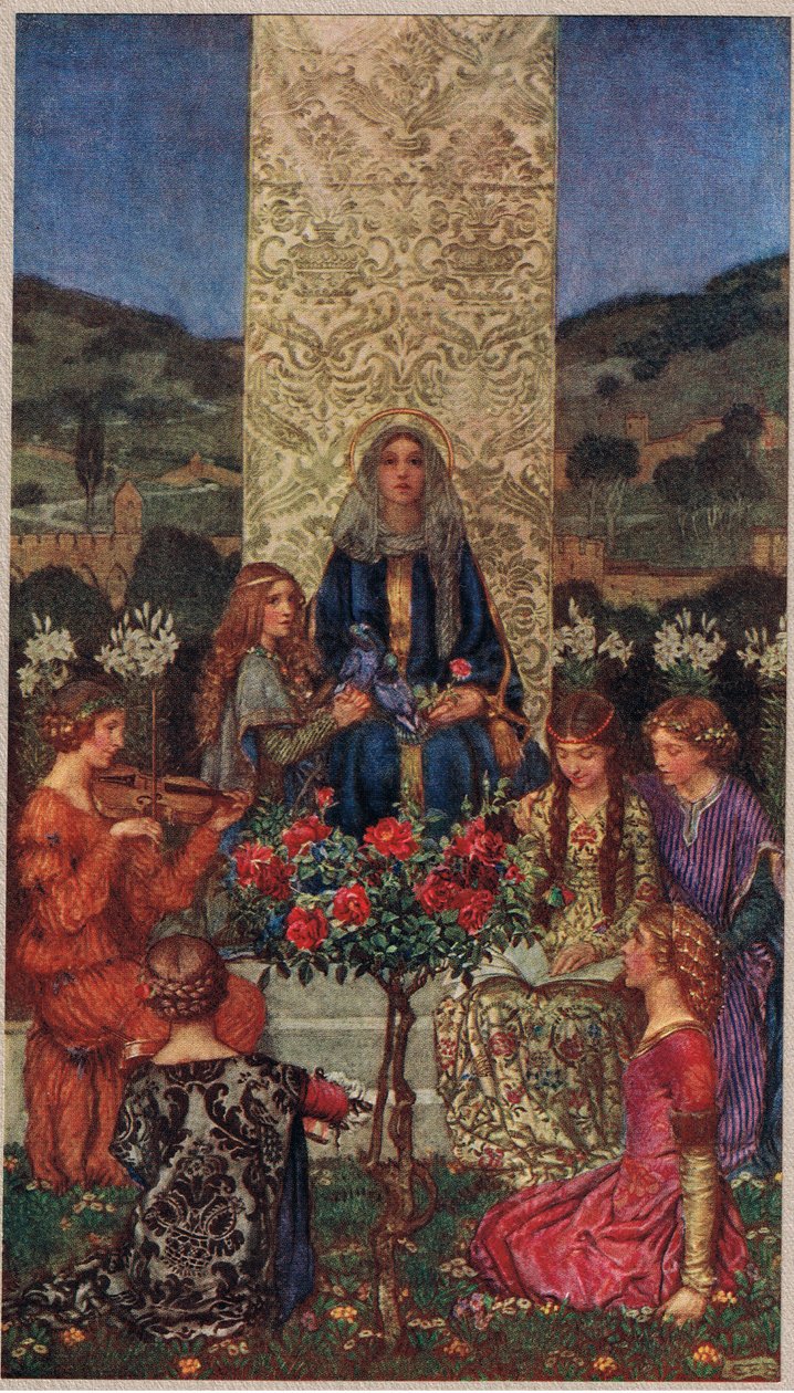 Our Lady Sings Magnificat, kuvitus teoksesta "The Book of Old English Songs and Ballads", julkaisija Stodder ja Houghton, n. 1910 (värilitho) tekijältä Eleanor Fortescue Brickdale