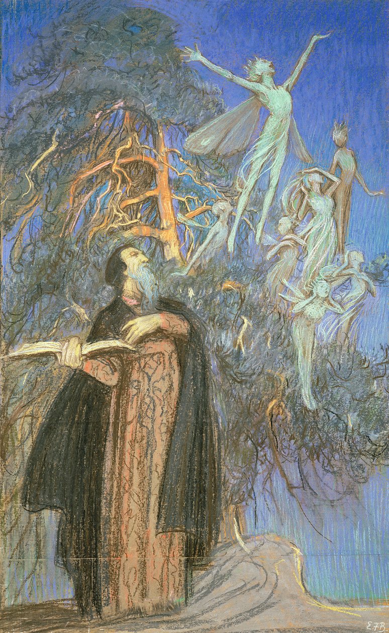 Prospero ja Ariel, Lontoon Broadcasting Houselle tilattu tutkimus kadonneesta kuvasta, n. 1931 (pastelli paperilla) tekijältä Eleanor Fortescue Brickdale