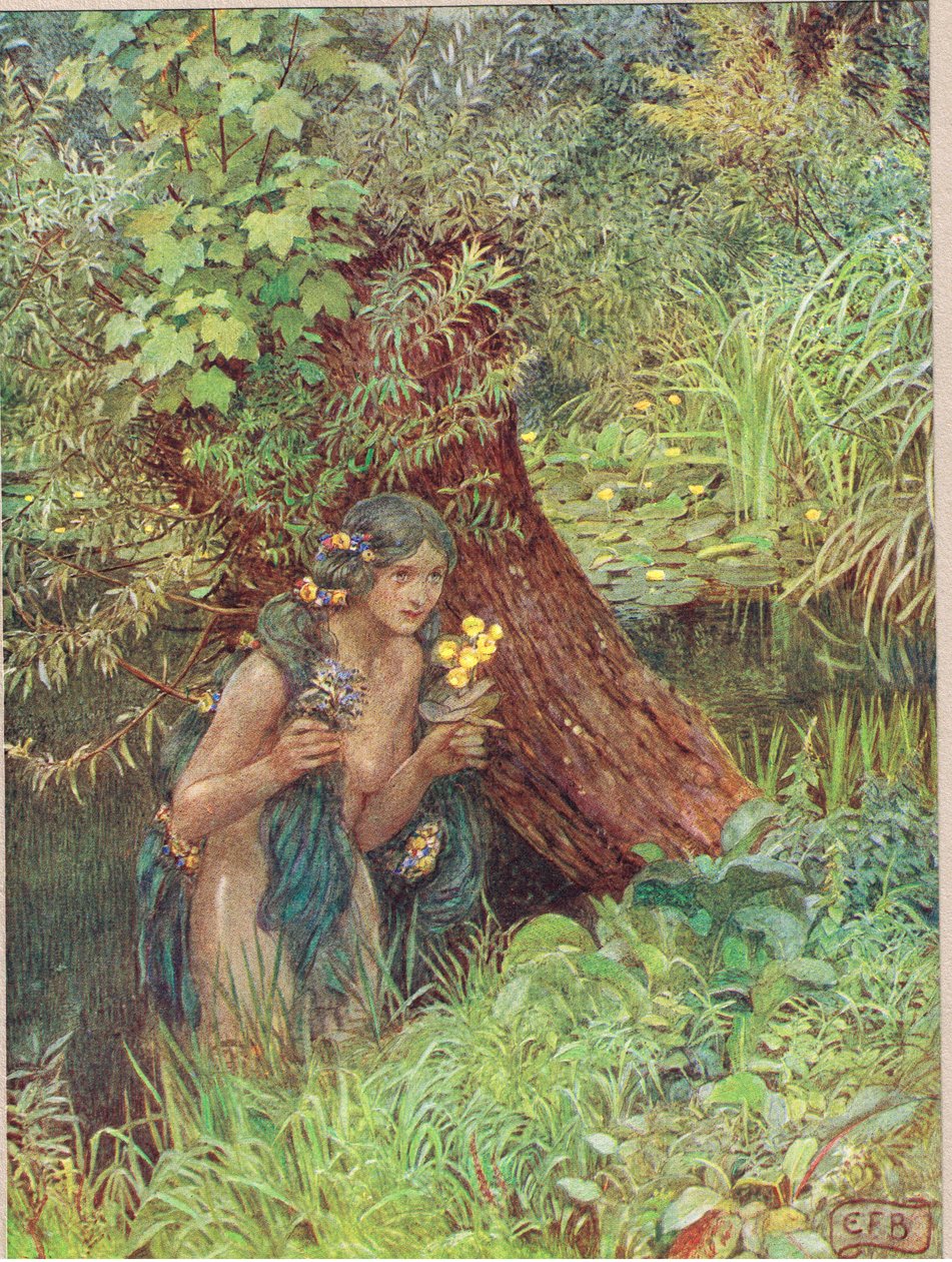Edmund Spenserin Prothalamion, kuvitus teoksesta "The Book of Old English Songs and Ballads", julkaisija Hodder ja Stoughton, n. 1910 (värilitho) tekijältä Eleanor Fortescue Brickdale