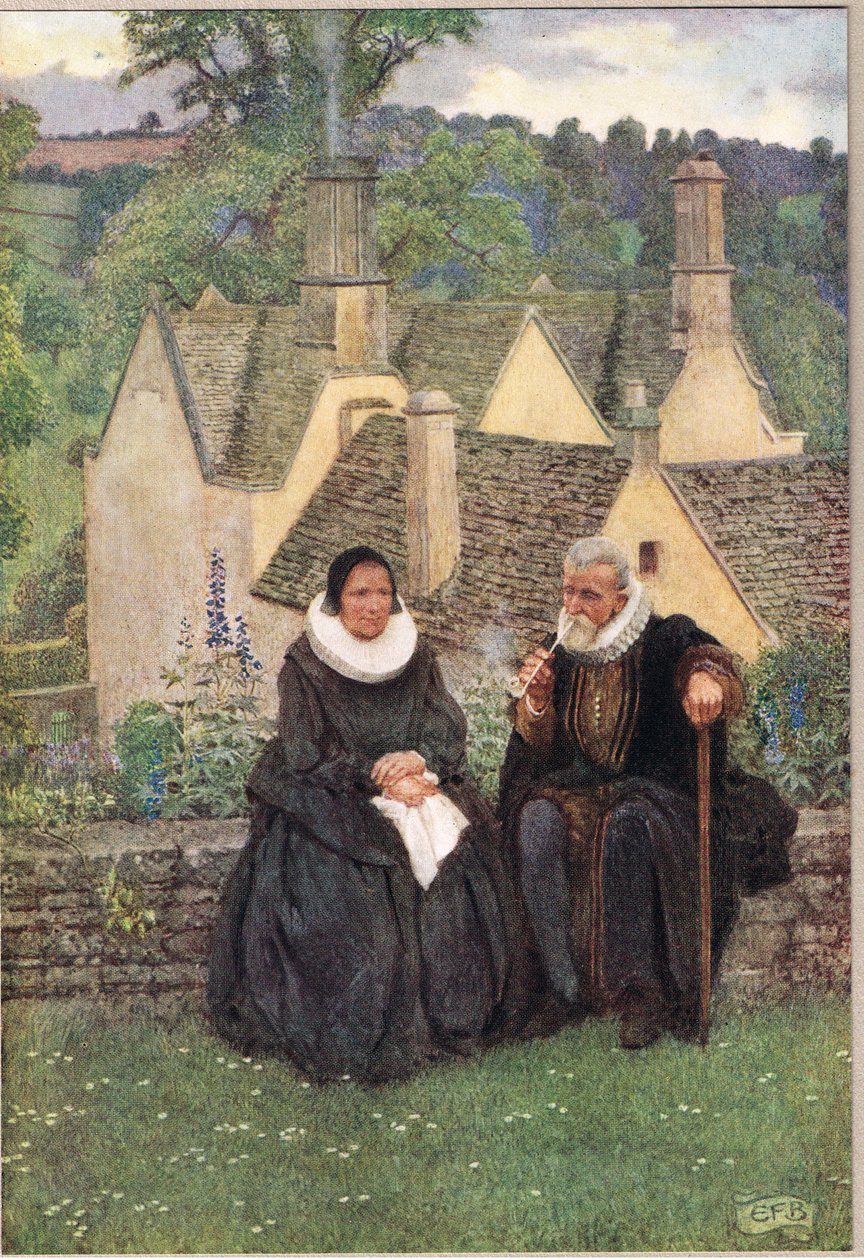 Olemme niin rauhallisia, kun intohimoja ei enää ole, kuvitus Hodderin ja Stoughtonin julkaisemasta "The Book of Old English Songs and Ballads" -kirjasta, n. 1910 (värilitho) tekijältä Eleanor Fortescue Brickdale
