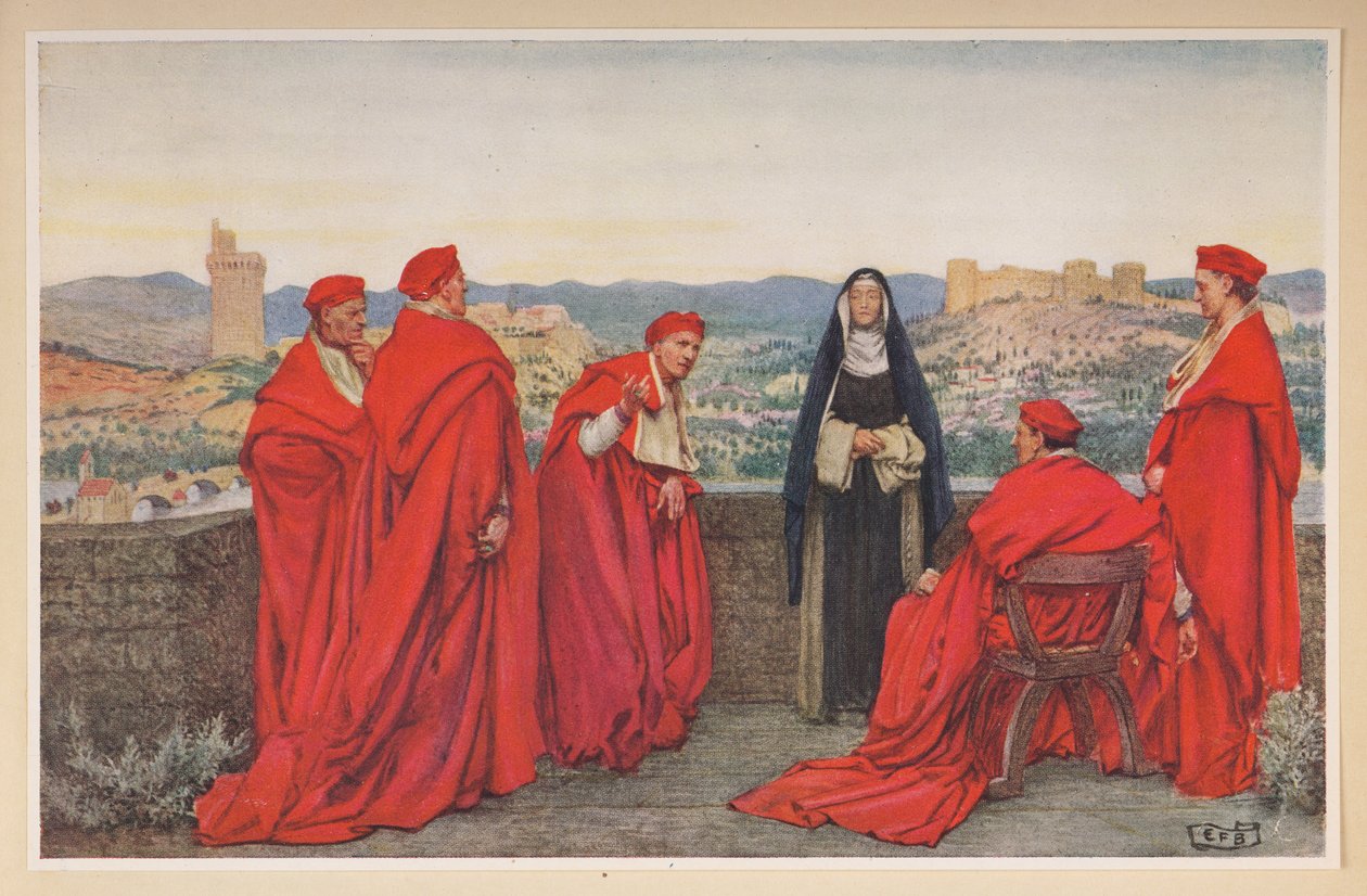 Pyhä Katariina Siena neuvottelee paavi Gregorius XI:n kanssa firenzeläisten puolesta. tekijältä Eleanor Fortescue Brickdale