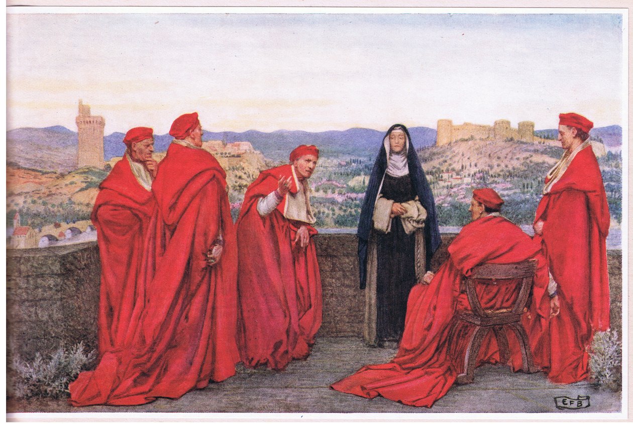 Pyhä Katariina Siennalainen neuvottelee paavi Gregorius XI:n kanssa firenzeläisten puolesta (litho) tekijältä Eleanor Fortescue Brickdale